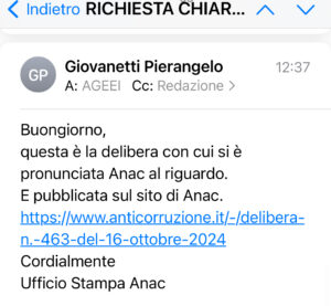 ANAC RISPOSTA DI GIOVANNETTI