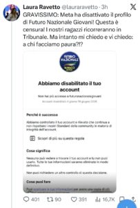 Futuro Nazionale, Meta disattiva account. Ravetto: gravissimo. A chi facciamo paura?